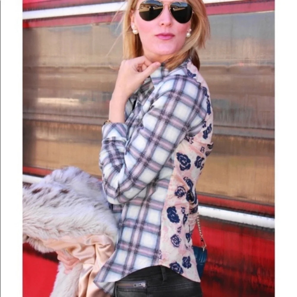 CAbi #233 Festival Button Down Shirt Mixed Plaid Floral Small Blue‎ Pink Artsy